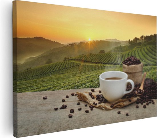 Artaza - Peinture sur toile - Tasse de Café sur fond de plantation - 120 x 80 - Groot - Photo sur toile - Impression sur toile