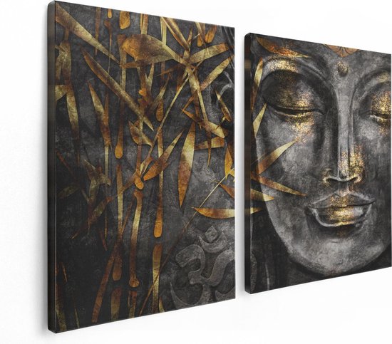 Artaza Canvas Schilderij Tweeluik Gouden Boeddha Van Aquarel - Abstract - 120x80 - Foto Op Canvas - Canvas Print
