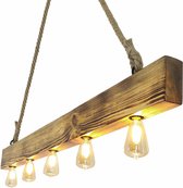 Fienzi - HT140 - Industrial Hanglamp met Hout en Jute Touw - 5 bulbs - 100x80 cm - Industriële rustieke verlichting. Interieur voor café, restaurant, kantoor, thuis