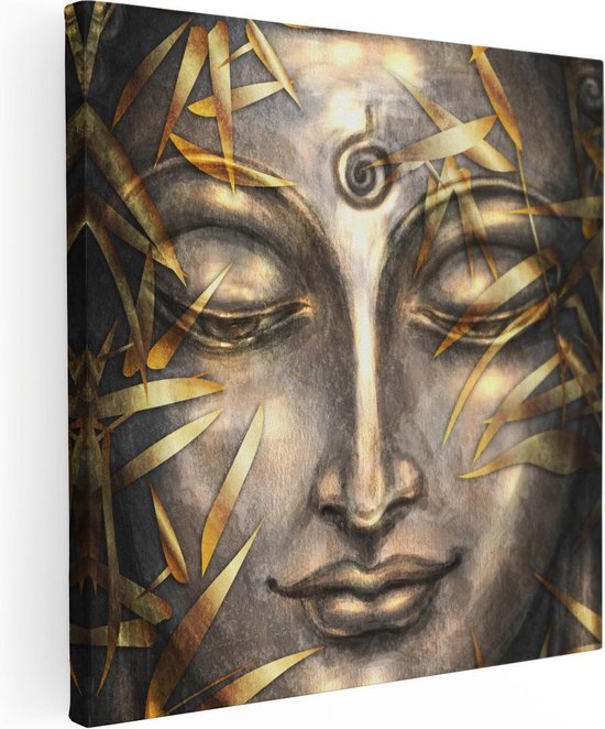 Artaza Canvas Schilderij Boeddha Beeld Met Gouden Bladeren - 30x30 - Klein - Foto Op Canvas - Canvas Print