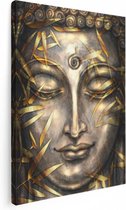 Artaza Canvas Schilderij Boeddha Beeld Met Gouden Bladeren - 60x80 - Foto Op Canvas - Canvas Print