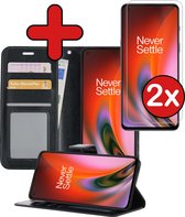 OnePlus Nord 2 Hoesje Book Case Hoes Portemonnee Cover Met 2x Screenprotector - OnePlus Nord 2 Case Hoesje Wallet Case - Zwart