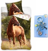 Paarden dekbedovertrek , bruin Paard bloemenweide-140x200 cm , 100% katoen- 1 persoons- dekbed- slaapkamer, incl. 5 delige metalen sleutelhanger