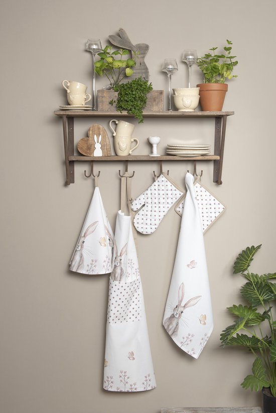Clayre & Eef Manique de four 18x30 cm Blanc Marron Coton Lapin