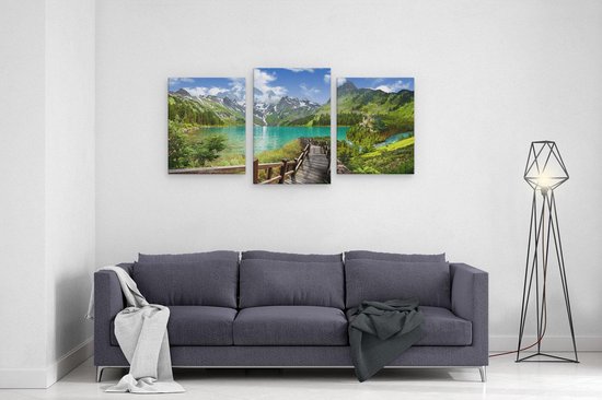 Artaza Canvas Schilderij Drieluik Pad Naar Een Helder Blauw Meer In De Bergen - 120x60 cm - Wanddecoratie Woonkamer - Schilderijen - Muurdecoratie