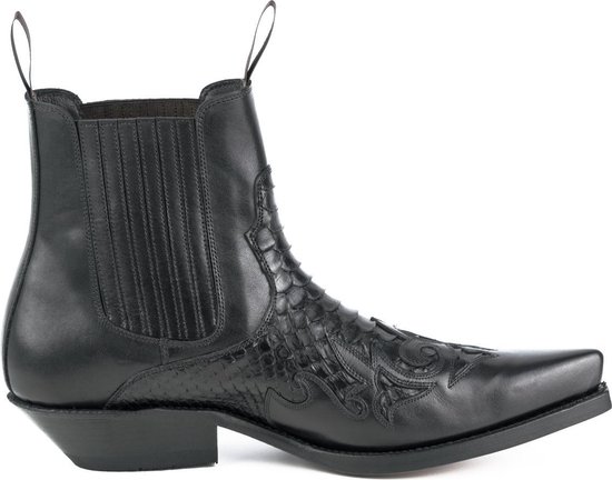 Mayura Boots Rock 2500 Zwart/ Spitse Western Heren Enkellaars Schuine Hak Elastiek Sluiting Vintage Look Maat EU 39