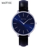 MATTISE Unisex Zilver Horloge met Zwart Horlogebandje van Echt Leer — Ol' Blue 38 mm Quartz Heren Horloge Dames — Horloge voor Mannen Horloge voor Vrouwen — Horloges Horologe Uurwerk Mannen U