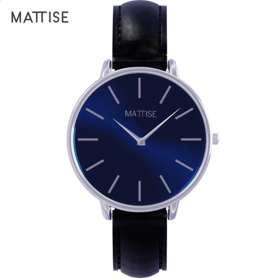MATTISE Unisex Zilver Horloge met Zwart Horlogebandje van Echt Leer — Ol' Blue 38 mm Quartz Heren Horloge Dames — Horloge voor Mannen Horloge voor Vrouwen — Horloges Horologe Uurwerk Mannen Uurwerk Vrouwen Uurwerken