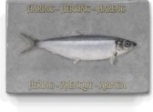 haring op grijze achtergrond  - niet van echt te onderscheiden schilderijtje op hout - haring in 6 talen -  Laqueprint