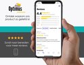 Telefoon die de website van Optimus toont, met een beoordeling van 4.4 sterren en positieve klantrecensies.