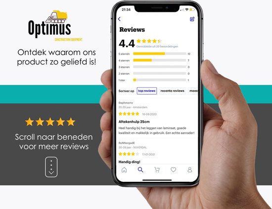 Telefoon die de website van Optimus toont, met een beoordeling van 4.4 sterren en positieve klantrecensies.