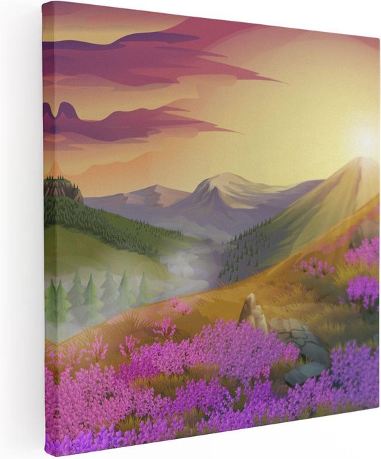 Zijaanzicht van een canvas schilderij met een zonsondergang over bergen en een bloemenveld.