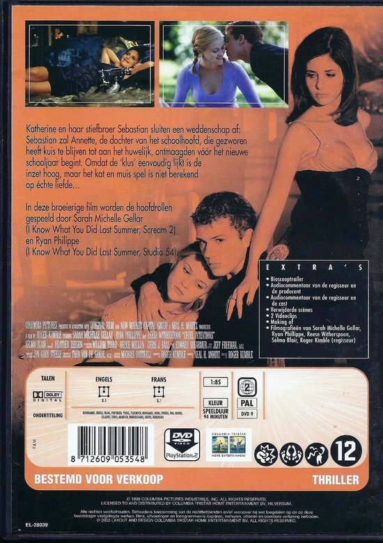 Een filmhoes met de acteurs Ryan Phillippe en Reese Witherspoon, en de tekst 'Cruel Intentions'.