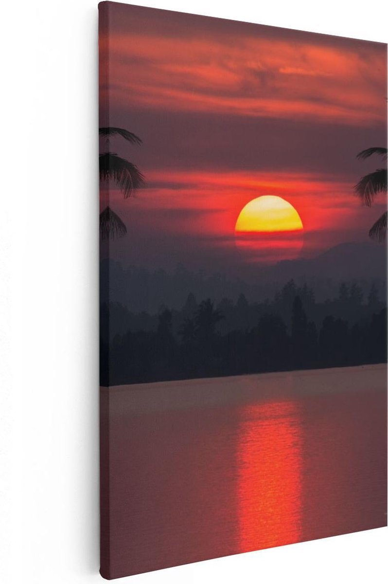 Artaza Canvas Schilderij Zonsondergang Zee - 40x60 cm - Wanddecoratie Palmboom - Muurdecor