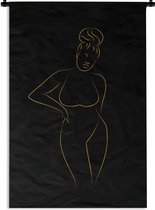 Wandkleed - Wanddoek - Vrouw - Zwart - Goud - Line art - 60x90 cm - Wandtapijt