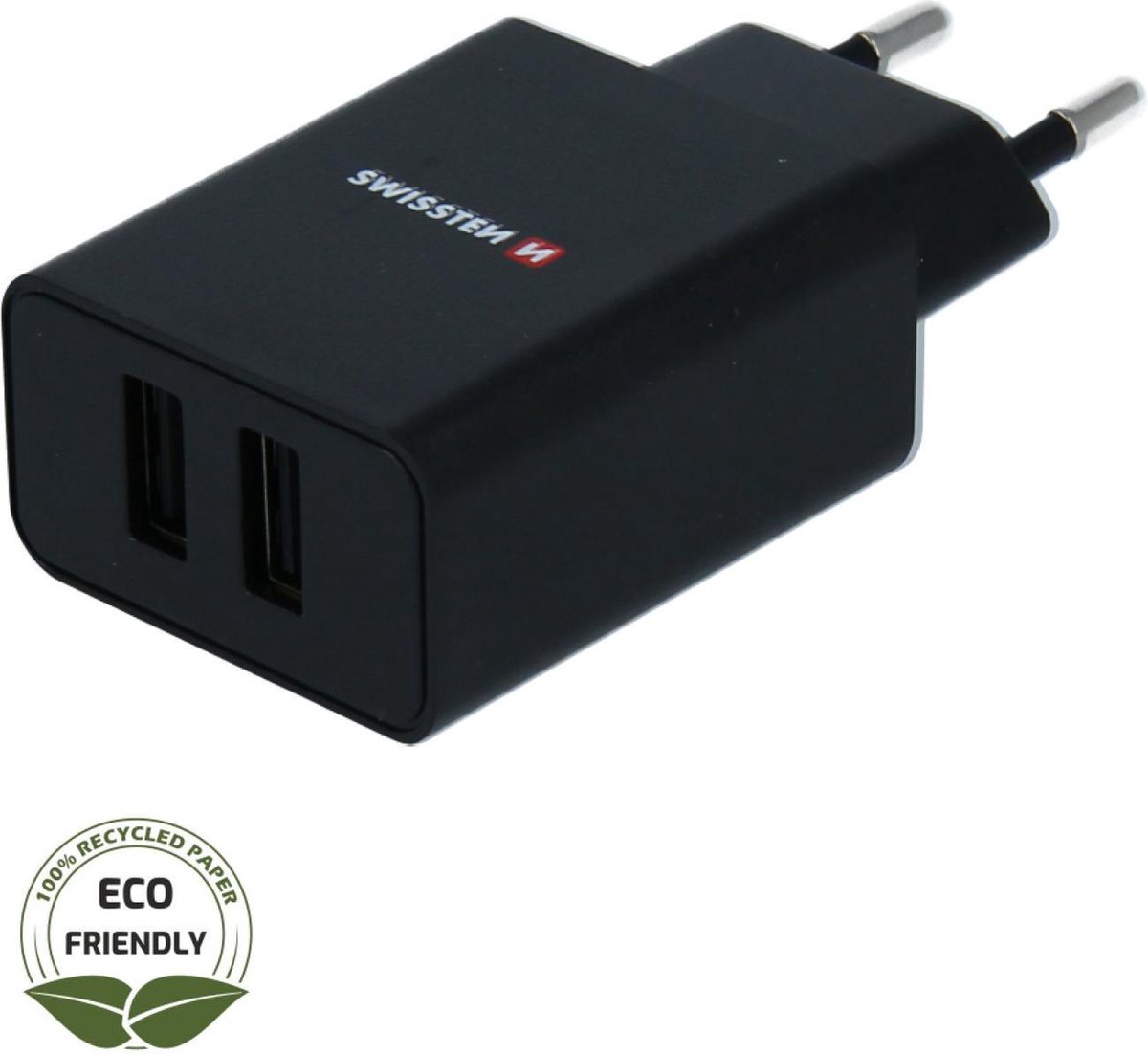 Swissten USB Oplader met 2 USB Poorten 2.1A - Zwart - Duurzame verpakking