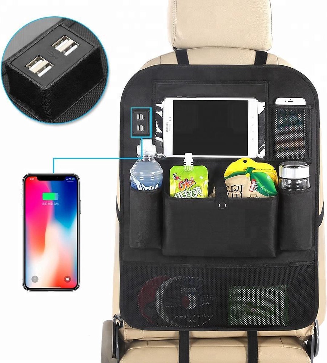 TIKKENS® Auto Organizer met USB oplaadpunten Stoel - Tablet Houder - Zwart - - Universeel - Autostoel Beschermer voor Baby en Kinderen
