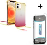 ShieldCase Hoesje met koord geschikt voor Apple iPhone 12 Mini - 5.4 inch - geel/roze + glazen Screen Protector