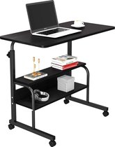 MuCasa® Verstelbare bijzettafel 80x40cm - In hoogte verstelbaar tot 90cm - Bureau met wielen - Computertafel met twee planken - Zwart