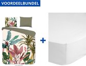 Luxe Zachte Dekbedovertrek Eenpersoons - 140x200/220cm - Inclusief 1 Kussensloop - 100% Versterkt Katoen - Palms + Zachte Katoenen Hoeslaken - 80x200cm - Wit