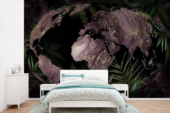 Carte du monde mauve avec motif marbré de forme 3D ovale avec feuilles tropicales 420x280 cm