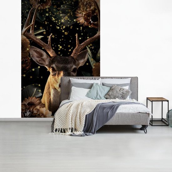 Papier peint - Papier peint photo Cerf - Fleurs - Or - Largeur 180 cm x hauteur 280 cm