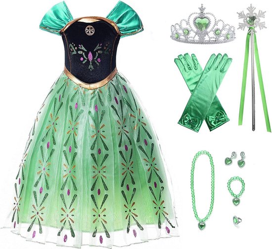 Prinsessenjurk meisje - Anna groene jurk - Het Betere Merk - Prinsessen speelgoed - maat 98/104 (110)- Verkleedkleren Meisje- Tiara - Kroon - Juwelen - Lange Handschoenen - Verjaardag meisje - Carnavalskleren meisje - Kleed