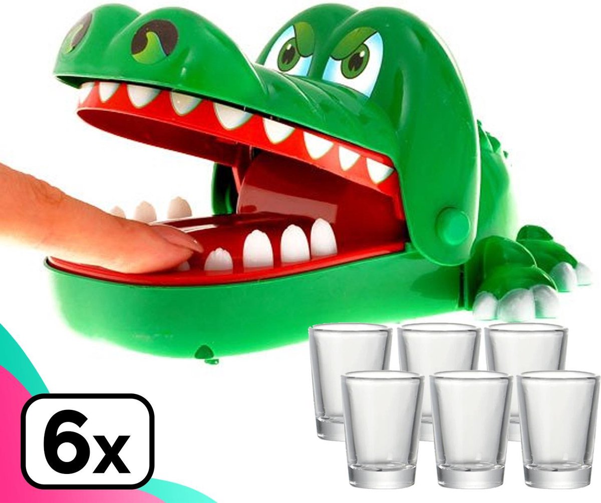 Dayshake Bijtende Krokodil Spel + 6 shotglaasjes - Kiespijn Krokodil - Drankspel - Dayshake