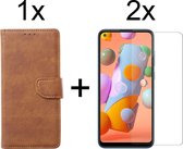 Samsung A11 Hoesje - Samsung Galaxy A11 hoesje bookcase bruin wallet case portemonnee hoes cover hoesjes - 2x Samsung A11 screenprotector