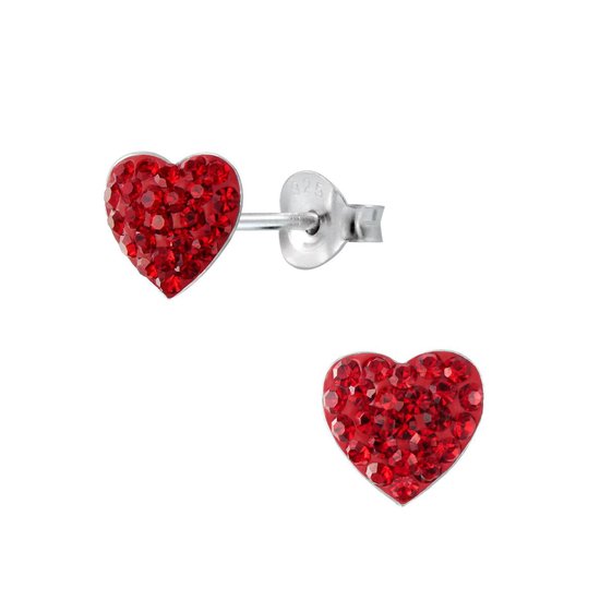 Joy|S - Zilveren hart oorbellen - 11 x 10 mm - kristal rood - Valentijn