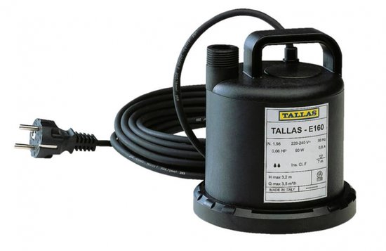 Zwarte Tallas E160 dompelpomp met handvat, kabel en stekker. Label met specificaties.