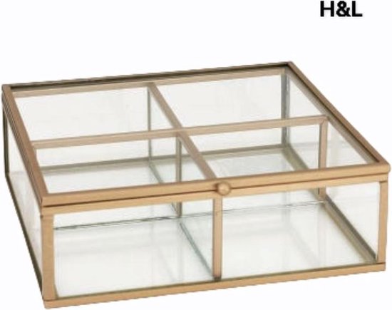 H&L theedoos goud - metaal - glas - 4 vakjes - sieradendoos - 15 x 15 x 5  cm | bol.com