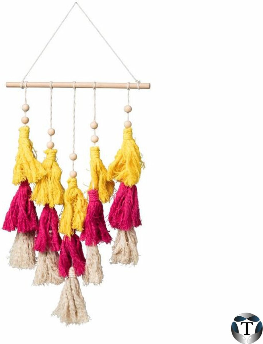 Luxe Macramé Wandkleed | Geel/Roze/Naturel | 50cm x 30cm | Wandhanger | Hoogwaardige Kwaliteit | Macramé | Kralen | Zomer | Wandtapijten | Woondecoratie | Wandkleed | Bohemien | Scandinavisch | Minimalistisch | 100% Katoen | TheOldOmen |