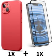 iPhone 13 Hoesje Rood & Volledige Glazen Screenprotector - Siliconen Back Cover