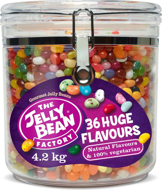The Jelly Bean Factory snoep in snoeppot gevuld met jelly beans cadeau- verjaardag - 36 verschillende smaken - candy jar 4,2 kg snoepgoed