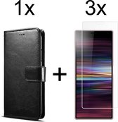 Sony Xperia 10 II hoesje bookcase met pasjeshouder zwart wallet portemonnee book case cover - 3x Sony Xperia 10 II screenprotector