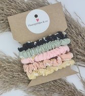 Scrunchies - set - velours - fluweel - geel - mosterd - bruin - grijs - scrunchie - elastiek