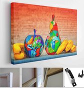 Wooden apples and pear painted by hand, organic bananas.Decorative wooden fruit embellished by the artist - Modern Art Canvas - Horizontal - 364225970 - 115*75 Horizontal