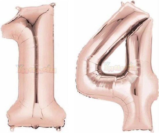 14 Jaar Folie Ballonnen Rosé Goud - Happy Birthday - Foil Balloon - Versiering - Verjaardag - Jongen / Meisje - Feest - Inclusief Opblaas Stokje & Clip - XXL - 115 cm