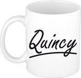 Quincy naam cadeau mok / beker sierlijke letters - Cadeau collega/ moederdag/ verjaardag of persoonlijke voornaam mok werknemers