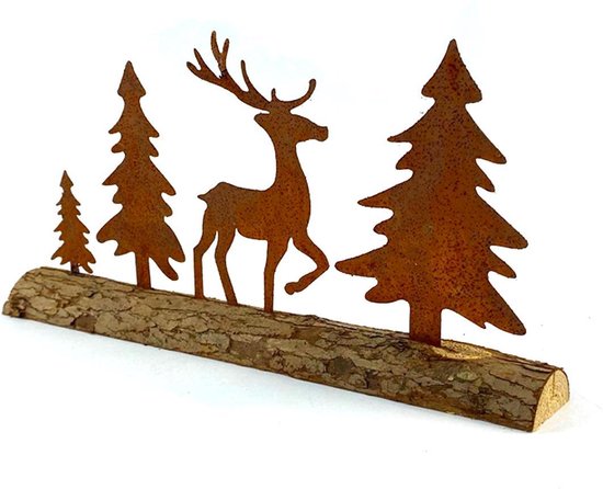 Roestige rendier op houten balk van WDMT™ | 30 x 14 cm | Duurzame kerst decoratie | Roestige x-mas kerstbomen en rendier | Roestig