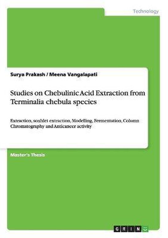 Boek met de titel "Studies on Chebulinic Acid Extraction from Terminalia chebula species". Groene achtergrond.