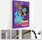 Set of jazz festival posters with saxophone, trombone, clarinet, violin, double bass, piano, trumpet, bass drum and banjo, guitar. Suitable for acoustic music events and jazz conce