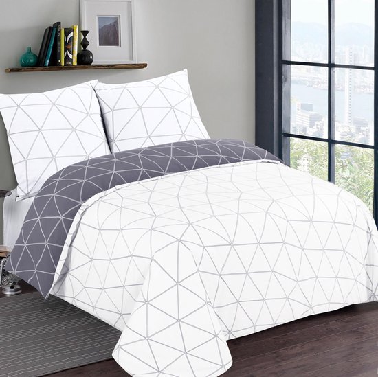 VISION Hugo Flanel - Tweezijdig omkeerbaar Dekbedovertrekset - 100% katoen flanel: warm en zacht - Eenpersoons - Dekbedovertrek 140 x 200 cm met 1 bijhorende sloop - Grijs / Wit - Oekotex gecertificeerd — afbeelding 4