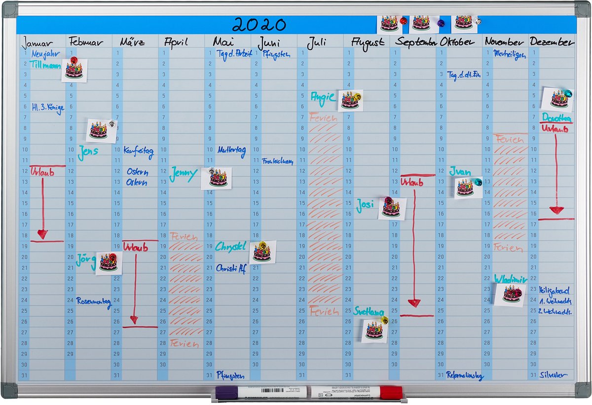 whiteboard planner - jaarplanner - magnetisch - pennenbakje - 60 x 90 cm - wit
