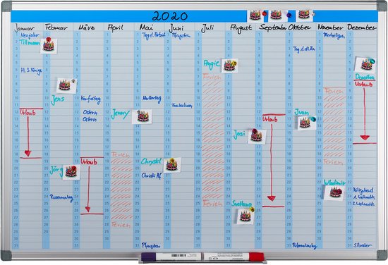 whiteboard planner - jaarplanner - magnetisch - pennenbakje - 60 x 90 cm - wit