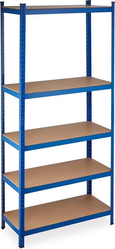 Blauwe stellingkast met vijf houten planken, tegen een witte achtergrond.