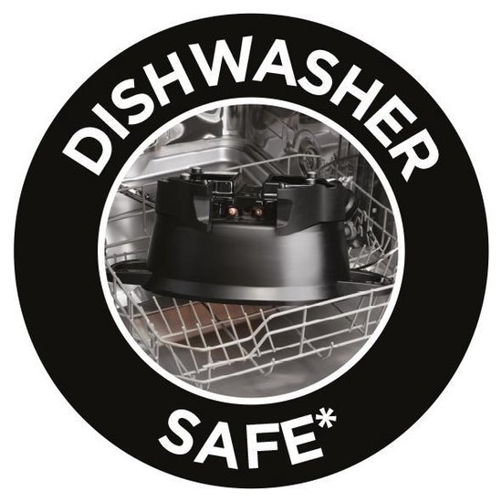 Zwarte cirkel met tekst 'DISHWASHER SAFE' en een afbeelding van de multicooker in een vaatwasser.