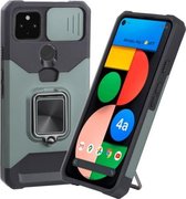 Voor Google Pixel 5a 5G Sliding Camera Cover Design PC + TPU Shockproof Case met Ring Holder & Card Slot (Donkergroen)