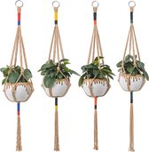 4 Jute Luxe Macrame Plantenhangers - Boho Handgeweven Katoen Hangpot voor Binnen/Buiten - Hangende Bloempot met Kralen - Macramé Touw/Koord Hangplant Houder - Bohemian Wandhanger D